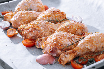 chicken drumsticks with spices, paprika and sesame seeds, ready to bake on a baking sheet