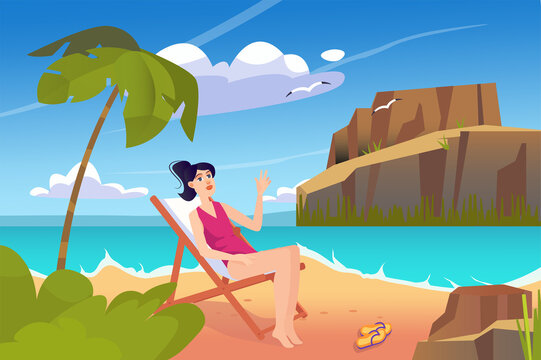 Beach concept with people scene in the background cartoon design. Girl is sunbathing on a sunbed near the sea and palm trees.