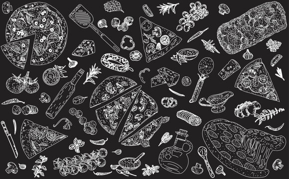 Traditional Italian pizza pattern, vegetables, ingredients on dark background. Pizza menu.Top view. Vector illustration. Engraved design. 