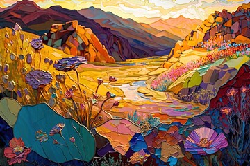  a painting of a colorful landscape with flowers and mountains in the background and a river running through the center of the painting, with a yellow sky.  generative ai