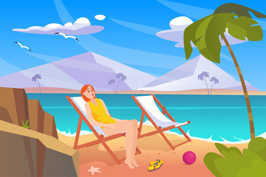 Concept Summer with people scene in the background cartoon design. Girl rest on the beach near the sea and mountains.