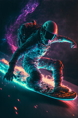 A man with a hat and glasses is skating in space