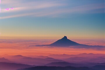 Fototapeta na wymiar View of sea of clouds colored in the soft orange-pink hue of the morning sun. Peaks of the mountains rising out of this impermeable curtain. Sense of immortality and bliss. Beskydy,. Generative AI