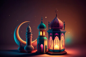 Ramadan lantern with crescent, mosque, moon on night sky background, 3d
