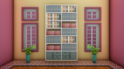 Arranged Bookcase and retro color wall. 3d renderings