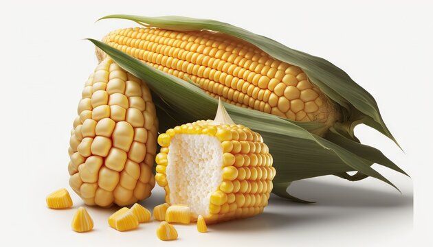 corn on the cob with kernels cut in half and ready to be eaten, on a white background, with a shadow from the corn on the cob.  generative ai