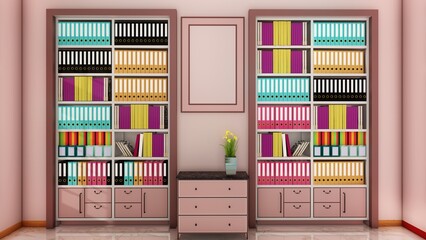 white sideboard with bookshelf background. 3d renders