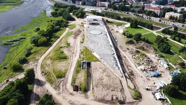 Construction process in Nemunas island in Kaunas, aerial drone view