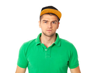 Serious young man posing against a white background.