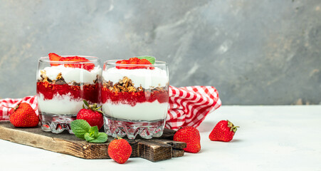 strawberry parfaits with fresh fruit, yogurt and granola on white table, glass jar. Healthy breakfast. Long banner format. top view