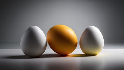  three eggs and an orange on a white surface with a gray background and a gray wall behind it, with a shadow of the egg and the orange on the left side of the.  generative ai