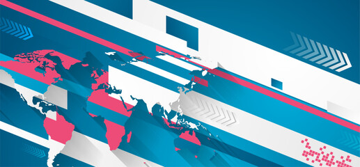 Technology abstract minimal flat background with world map and arrows. Vector banner design