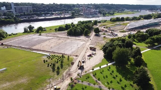 Active construction site in Kaunas city, aerial drone view