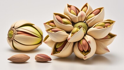  a flower shaped object sitting on top of a white surface next to a nut shell and a seed pod on top of the nut shell.  generative ai - obrazy, fototapety, plakaty