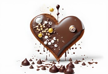 Biscuits or cookies with chocolate top, heart shaped with splash of melted chocolate on white isolated background. Generative ai