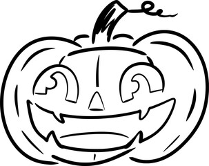 Vector drawing of a Halloween pumpkin with a face. Contour, silhouette, black. In cartoon style, flat, doodle. For Halloween, trick or treat. A holiday. Creepy, funny, silly. On a white background.