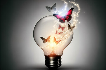 Creative idea , with butterflies emerging from light bulb. Generative AI illustration