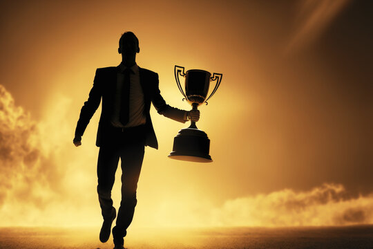 Businessman holding large trophy in front of bright sun. Generative AI illustration