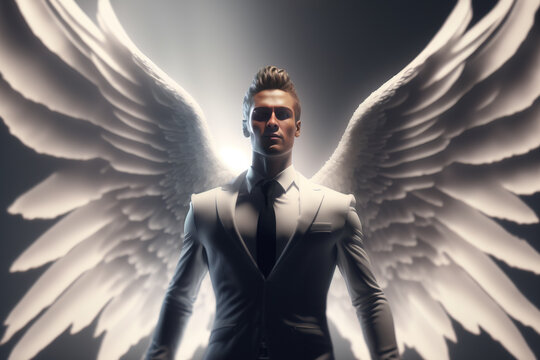 Angel investor concept with man with wings in business suit, Generative AI illustration