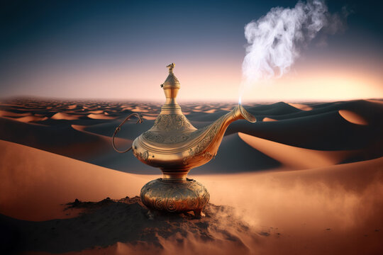 Magic lamp in the desert. Generative AI illustration