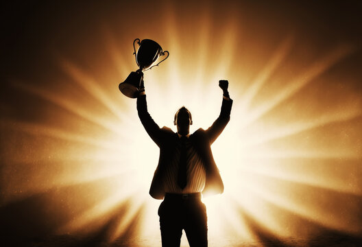 Winning concept, with businessman celebrating victory with trophy in hand. Generative AI illustration