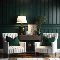 Interior design of living room with white armchairs over the dark green planks paneling wall. Farmhouse style. Home design. 3d rendering, Generative AI