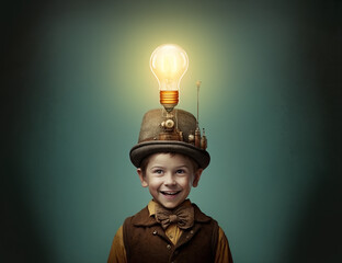 Smart little boy wearing hat with a light bulb on top, new idea concept. Generative AI illustration - obrazy, fototapety, plakaty