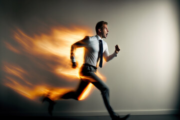 Fototapeta na wymiar Businessman on fire running with a sense of urgency and rush. Generative AI illustration