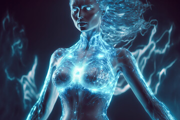 Woman portrait made out of energy. Generative AI illustration