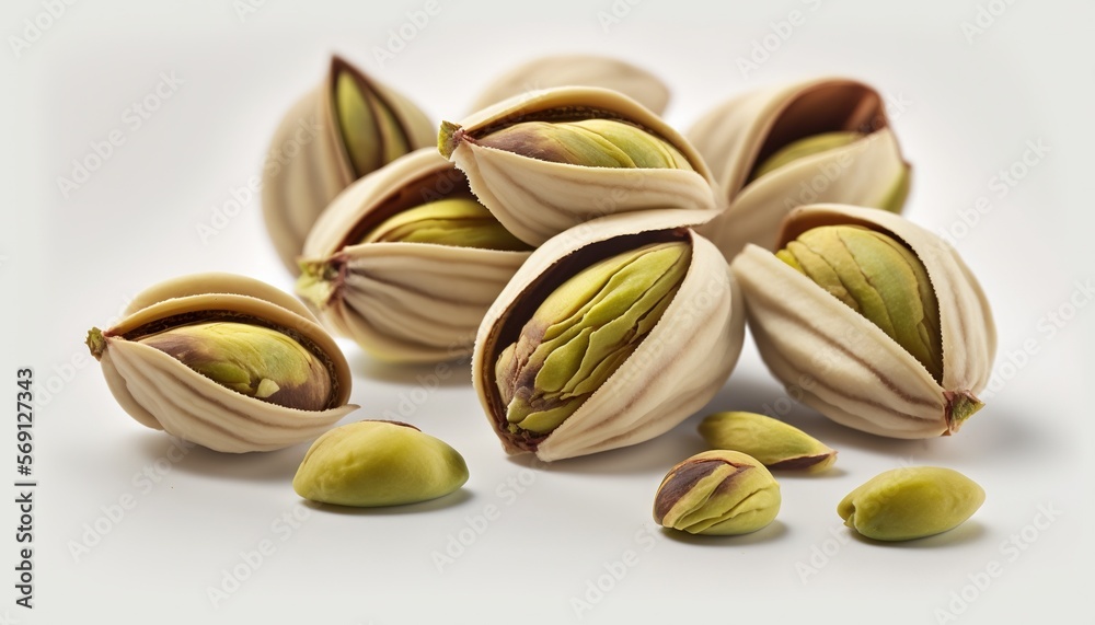 Poster a pile of pistachio nuts on a white background with a few pieces still in the shell and the whole pi