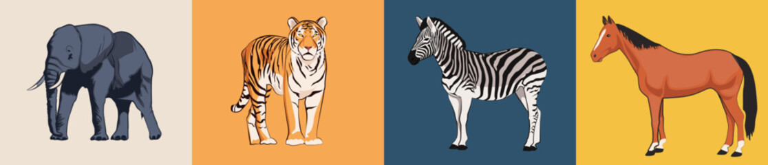Fototapeta na wymiar Zebra, Horse, Lion, Elephant Wildlife Collection. Animal Wildlife Icon Set 