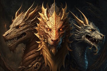 A chimera with three heads of dragon, that can breathe fire and roar deafeningly. Digital art painting, Fantasy art, Wallpaper. - obrazy, fototapety, plakaty