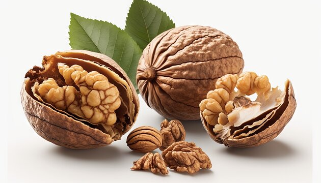 walnuts with leaves and nuts on a white background with a green leaf in the middle of the picture and a walnut shell in the middle of the picture.  generative ai