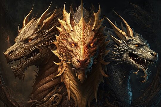 A chimera with three heads of dragon, that can breathe fire and roar deafeningly. Digital art painting, Fantasy art, Wallpaper.