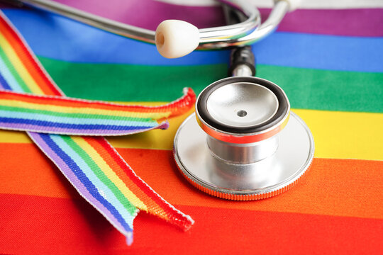 LGBT symbol, Stethoscope with rainbow ribbon, rights and gender equality, LGBT Pride Month in June.