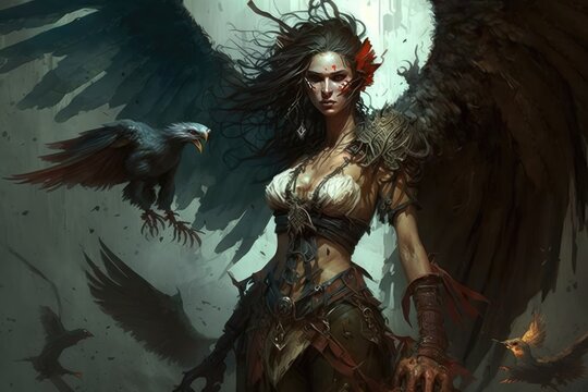 A harpy with sharp talons and a voice like a tempest, who plagues sailors with her songs and steals their treasures. Digital art painting, Fantasy art, Wallpaper