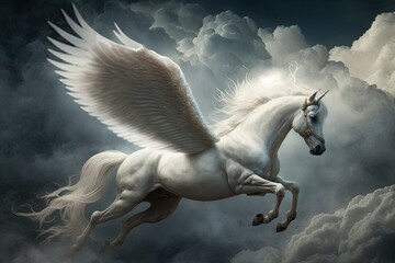 Obraz na płótnie Canvas A majestic pegasus soars through the clouds, its wings carrying it to the heights of the sky. Digital art painting, Fantasy art, Wallpaper