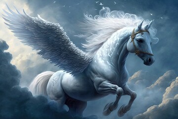 Obraz na płótnie Canvas A majestic pegasus soars through the clouds, its wings carrying it to the heights of the sky. Digital art painting, Fantasy art, Wallpaper