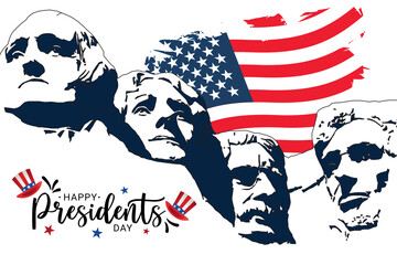 Happy President's day design background with USA Flag and mount rushmore silhouette . Handwritten lettering. - obrazy, fototapety, plakaty