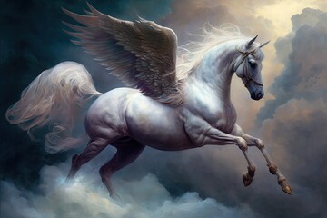 A majestic pegasus soars through the clouds, its wings carrying it to the heights of the sky. Digital art painting, Fantasy art, Wallpaper