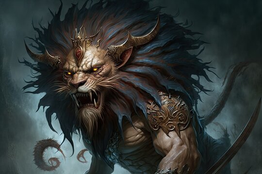 A manticore with a lion's face, a lion's body, and a tail of poisonous spines, that devours the bravest of warriors. Digital art painting, Fantasy art, Wallpaper. Generative ai.	