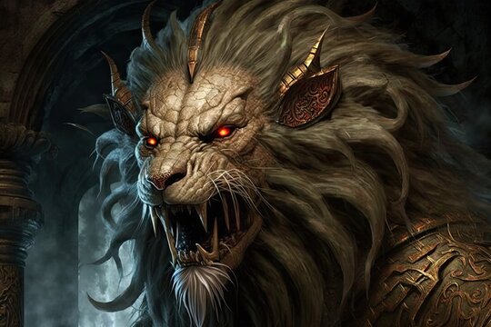 A manticore with a lion's face, a lion's body, and a tail of poisonous spines, that devours the bravest of warriors. Digital art painting, Fantasy art, Wallpaper