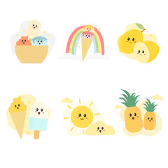 Cute Ice Cream and Pineapple Character Icon Set
