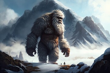 A mysterious yeti roams the snowy peaks of the Himalayas, its shaggy fur protecting it from the cold.. Digital art painting, Fantasy art, Wallpaper - obrazy, fototapety, plakaty
