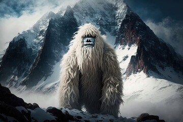 A mysterious yeti roams the snowy peaks of the Himalayas, its shaggy fur protecting it from the cold.. Digital art painting, Fantasy art, Wallpaper