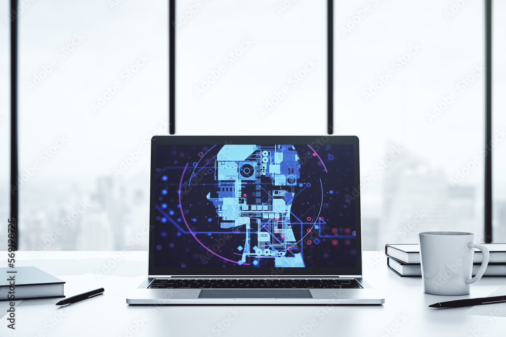 Fototapete modern computer monitor with creative artificial intelligence symbol. neural networks and machine le