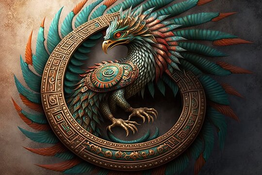 A quetzalcoatl with feathers as bright as the sun and a body as swift as the wind, who commands the elements and brings fertility to the land. Digital art painting, Fantasy art. Generative ai.