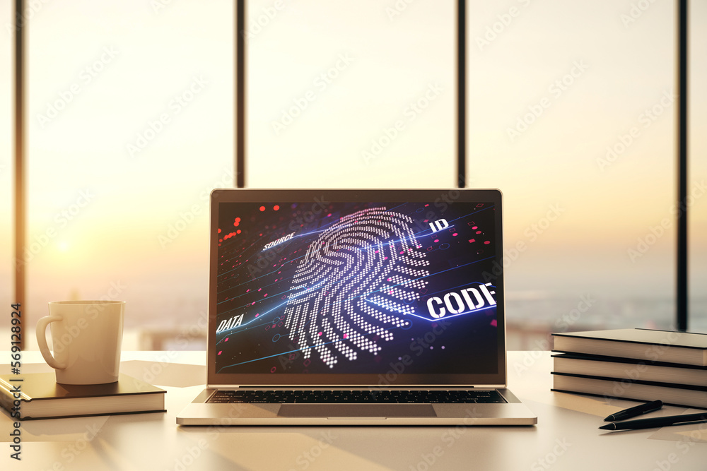 Poster abstract creative fingerprint concept on modern laptop screen. 3d rendering