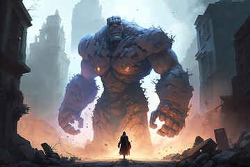 A stone golem lumbers through the city, its stony form unstoppable as it carries out its master's bidding. Digital art painting, Fantasy art, Wallpaper