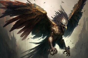 A vicious harpy swoops down from the sky, its claws ready to tear apart its prey. Digital art painting, Fantasy art, Wallpaper